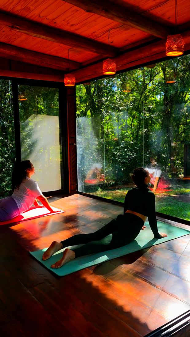 Yoga frente al monte en la galería